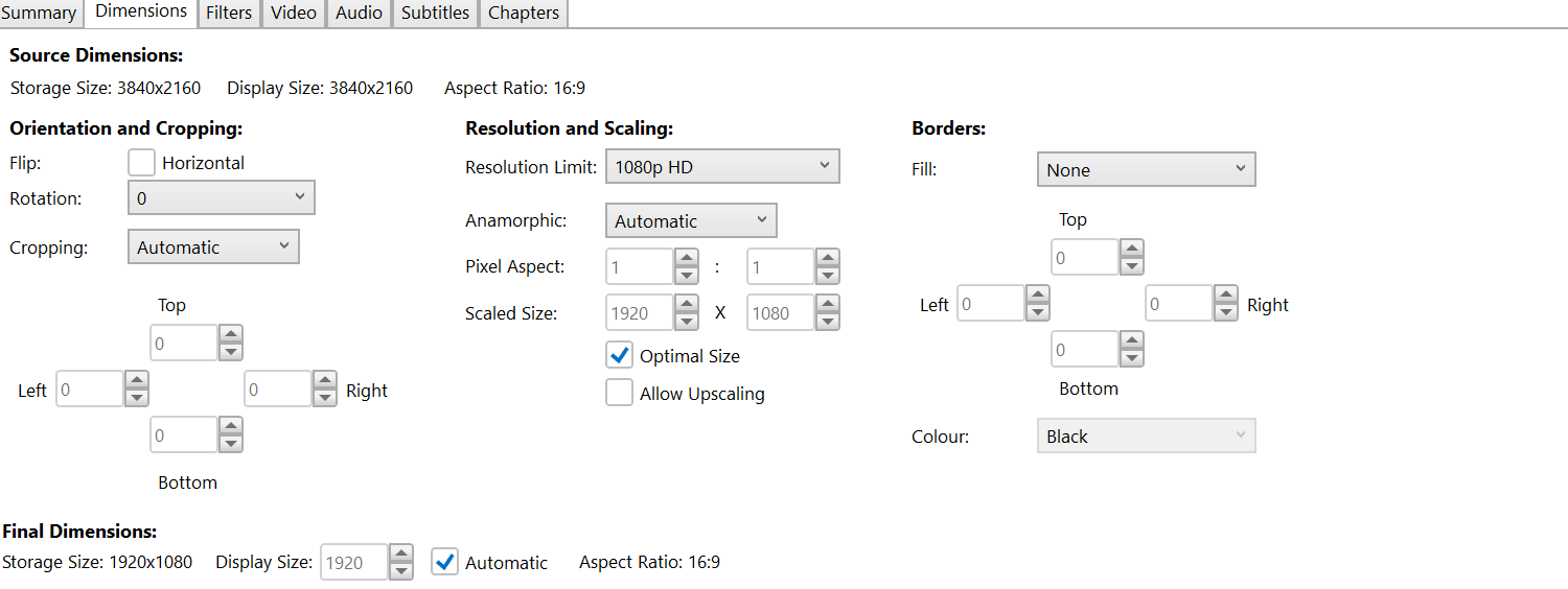 HandBrake Dimensions Tab