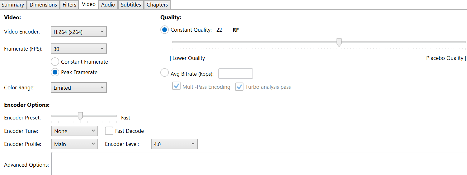 HandBrake Video Tab